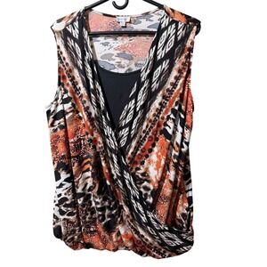 Avenue Women Sleeveless Wrap Top Plus Size 18/20 Animal Print Overlay Black Tank
